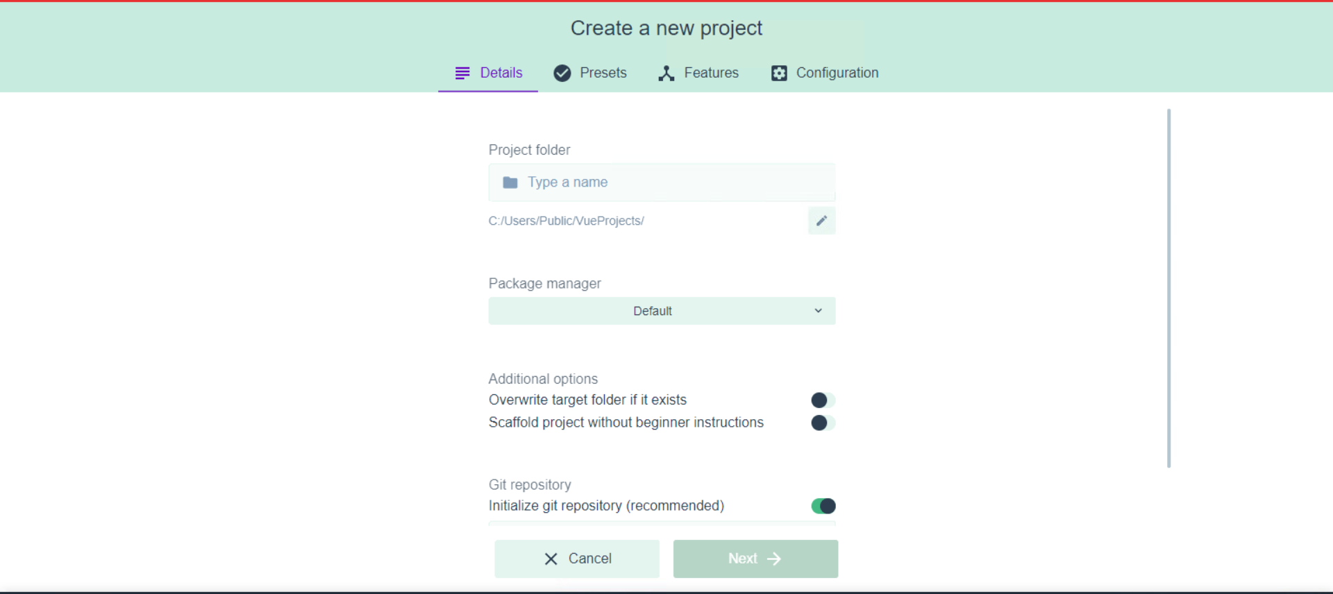 Create Projects settings page